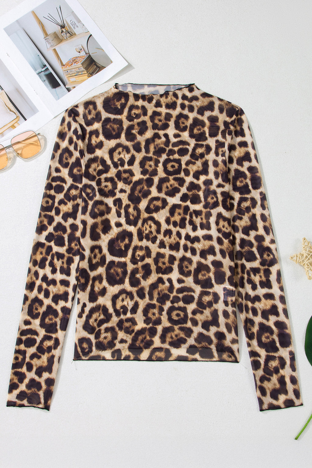 Beige Floral Print Slim Fit Mesh Long Sleeve Mock Neck Top