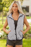 Black Stripe Contrast Trim Snap Button Collared Winter Vest