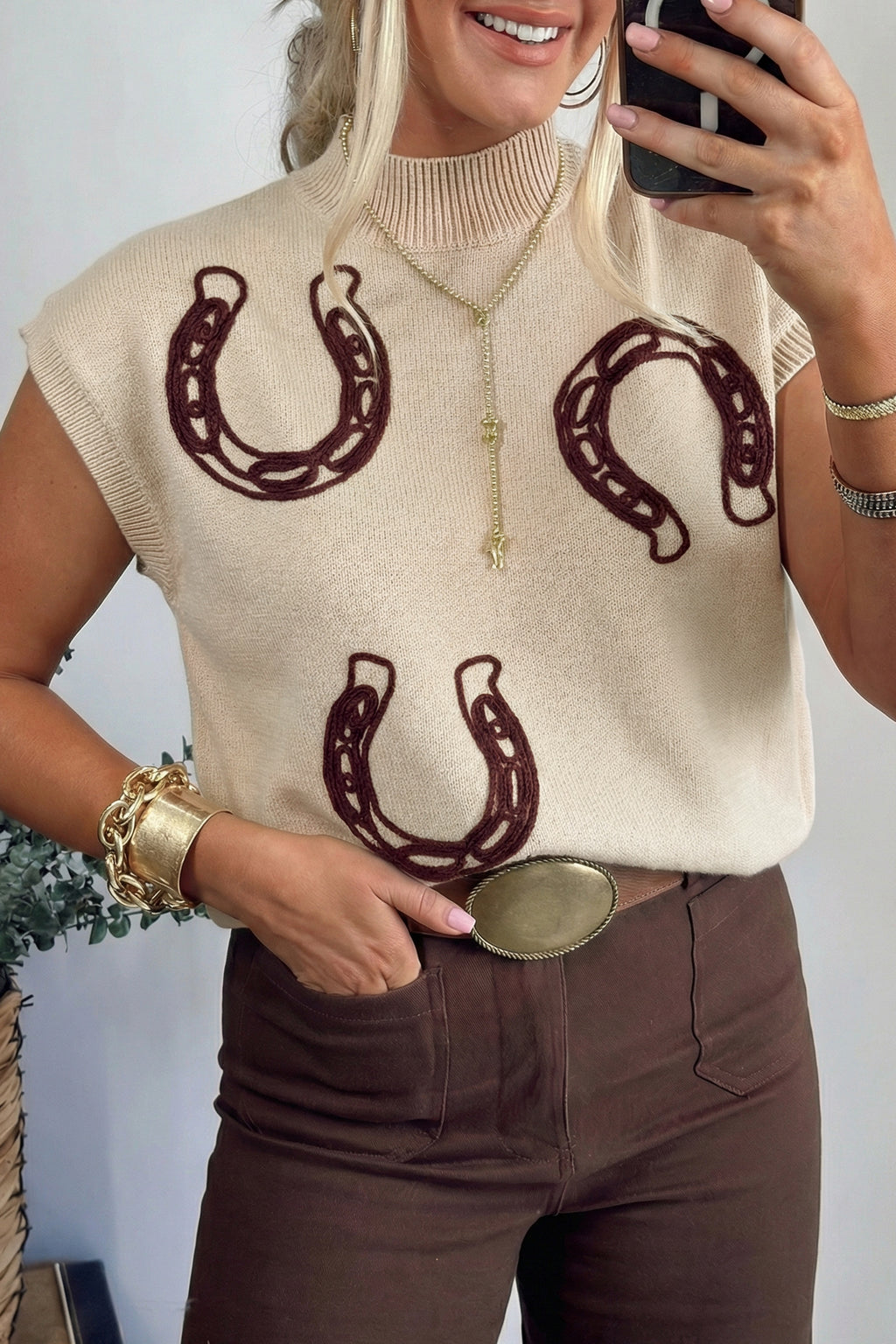 Bright Green Corded Horseshoes Ribbed Trim Mock Neck Short Sleeve Sweater