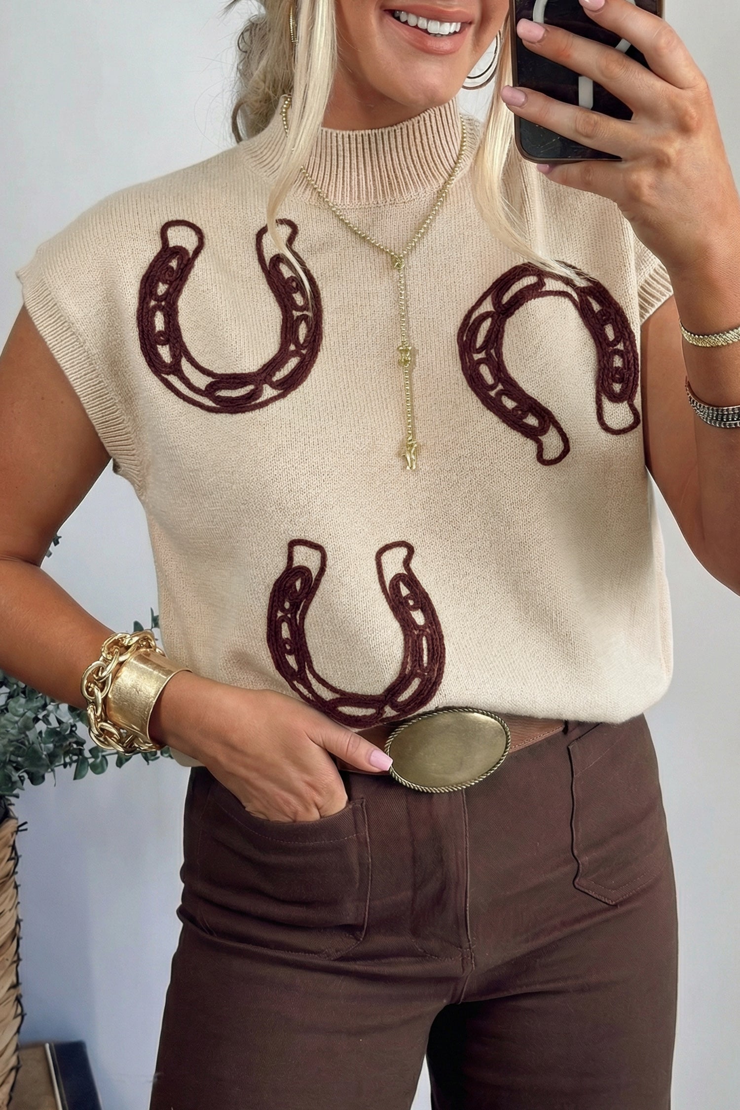 Bright Green Corded Horseshoes Ribbed Trim Mock Neck Short Sleeve Sweater