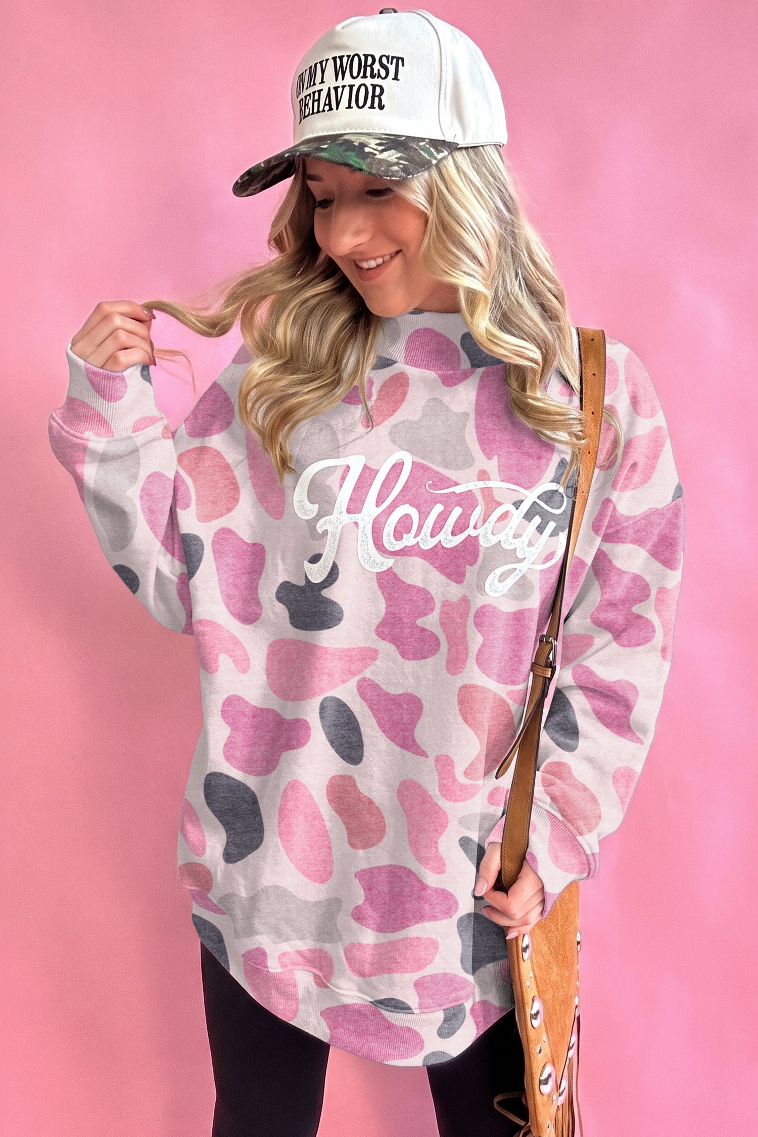 Multicolour Camo Print Howdy Western Style Baggy Pullover Sweatshirt