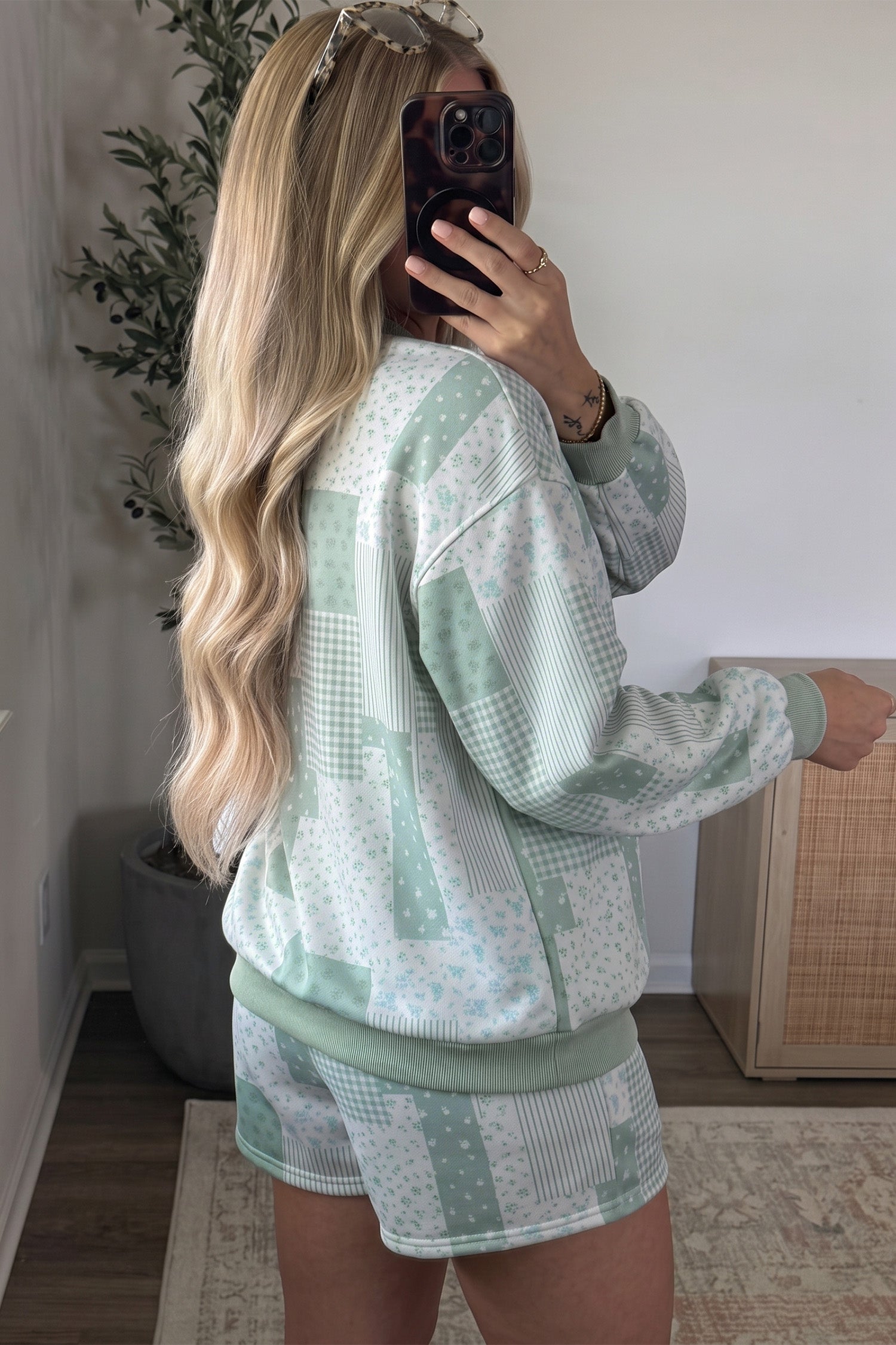 Sky Blue Patchwork Floral Print Drop Shoulder Baggy Pullover Drawstring Shorts Set