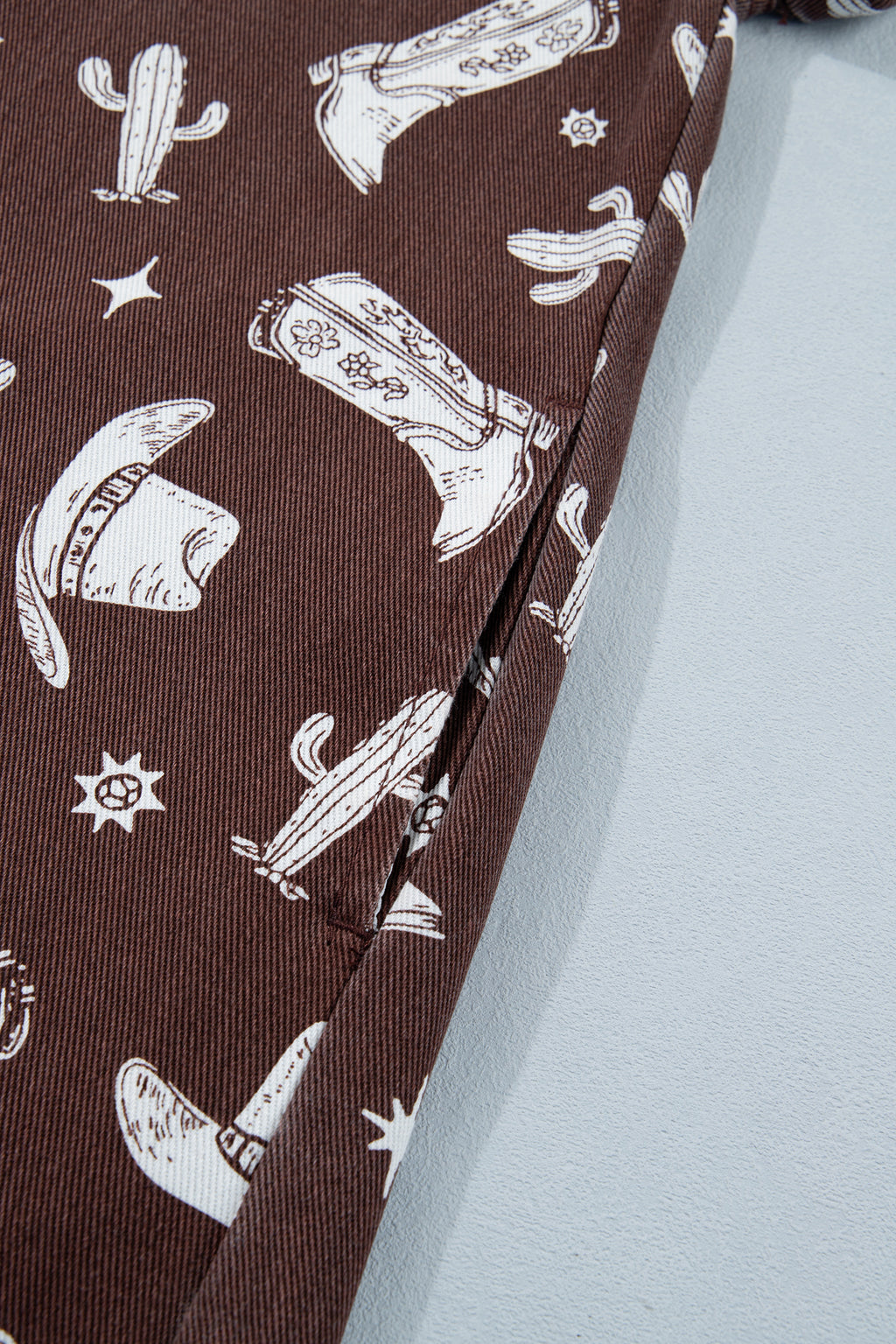 Brown Cowgirl Hats Boots Cactus Print Raw Edge Button Down Short Denim Dress