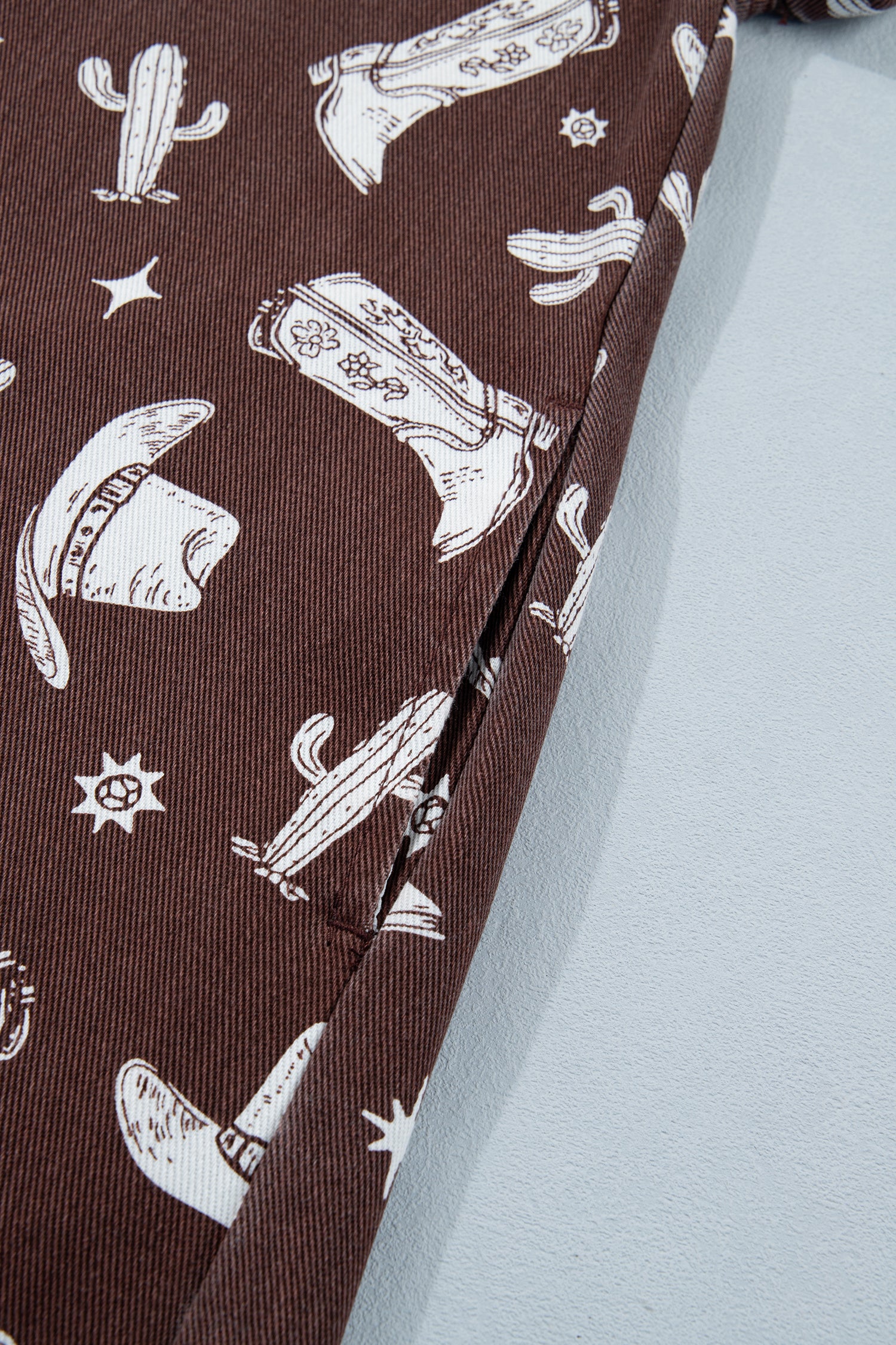 Brown Cowgirl Hats Boots Cactus Print Raw Edge Button Down Short Denim Dress