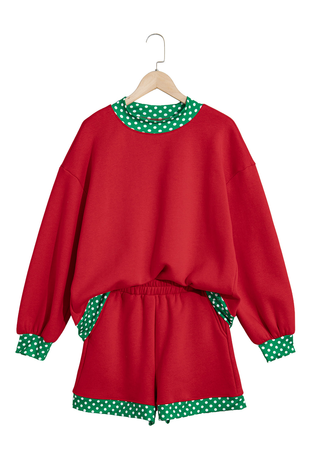 Fiery Red Gingham Trim Baggy Pullover 2pcs Short Set