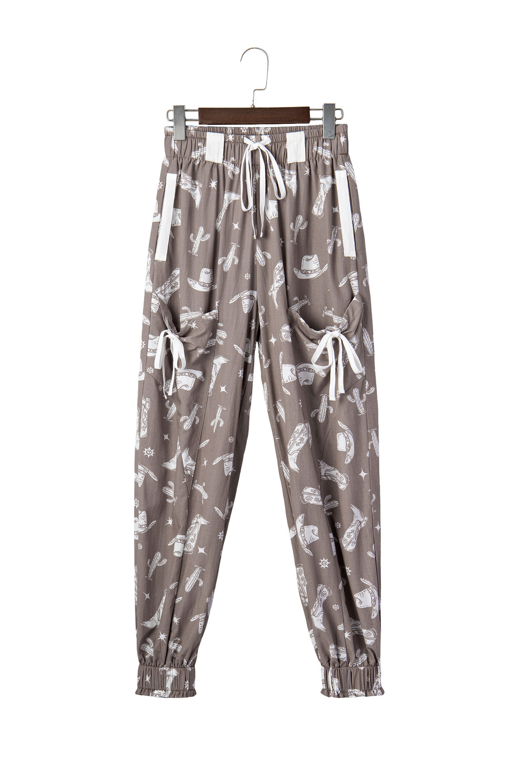Khaki Western Cactus Cowgirl Hat Boot Printed Vintage Drawstring Jogger Pants