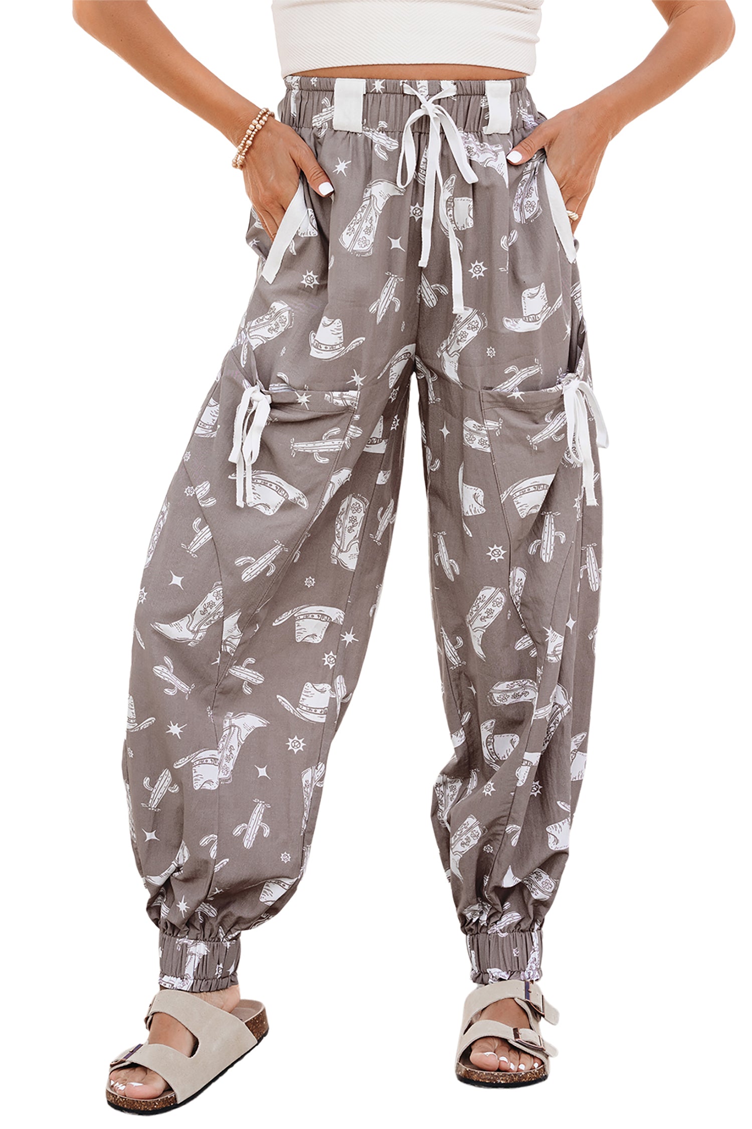 Khaki Western Cactus Cowgirl Hat Boot Printed Vintage Drawstring Jogger Pants