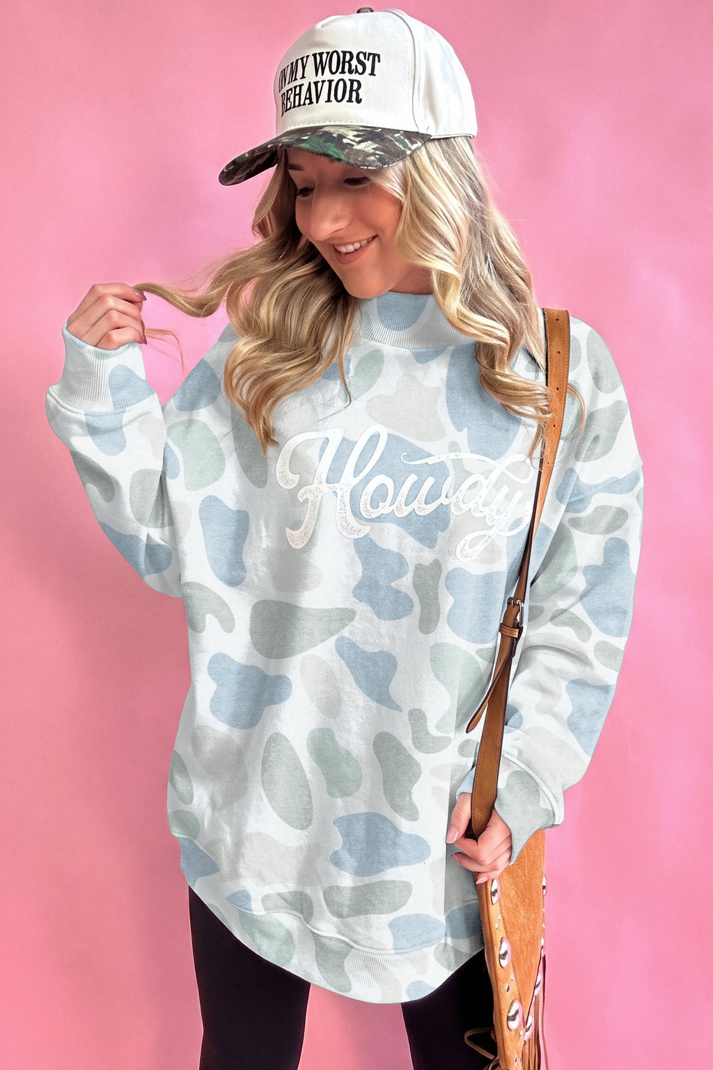 Multicolour Camo Print Howdy Western Style Baggy Pullover Sweatshirt