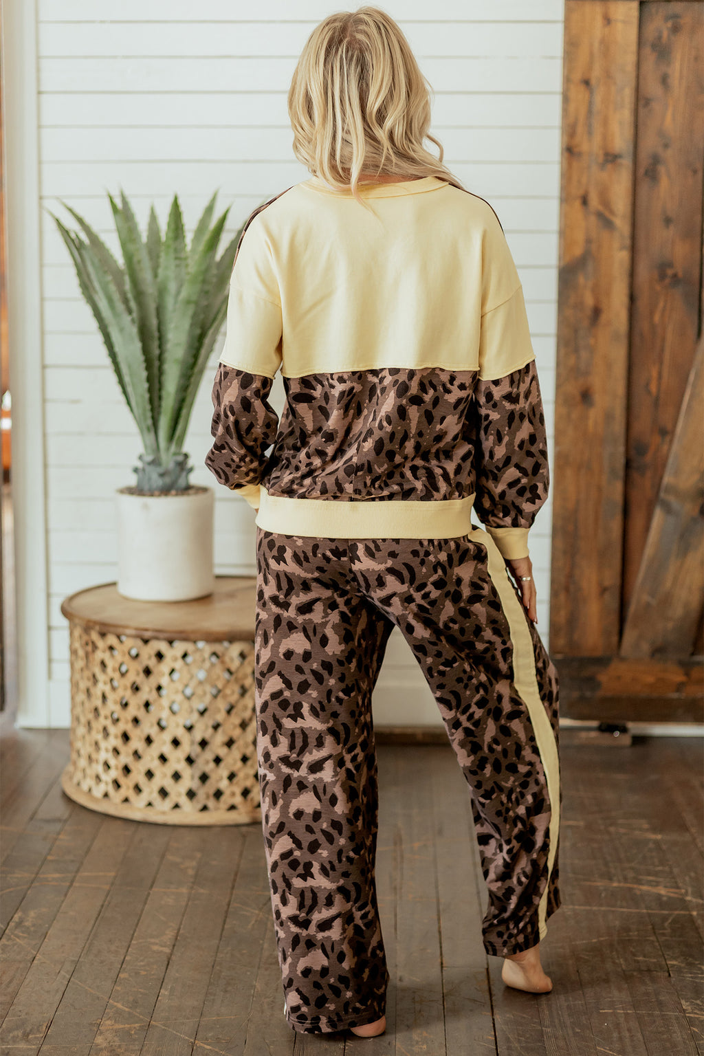 Brown Leopard Print Long Sleeve V-Neck Wide Leg Pant Set