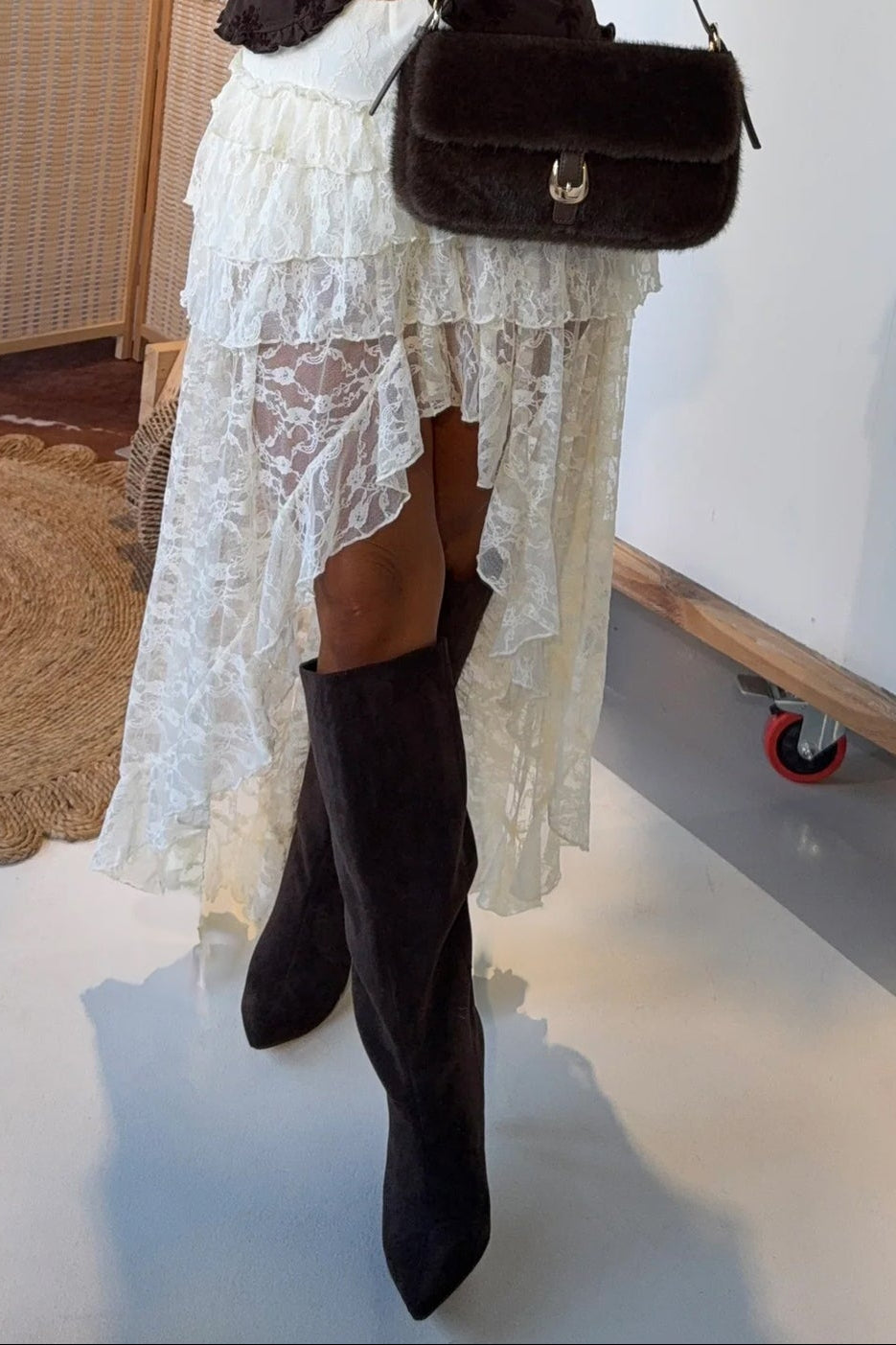 White Sheer Lace Frilly Ruffles High Low Long Skirt