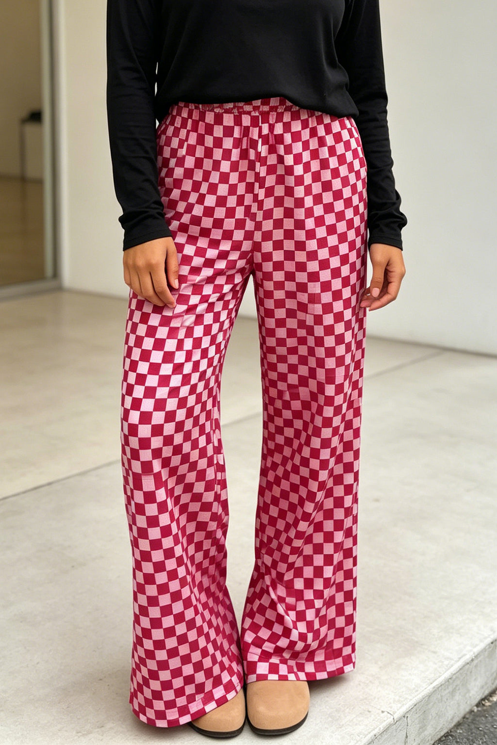 Rose Plaid Checkered Regular Fit Full-Length Casual Pants with Side Pockets