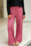 Rose Plaid Checkered Regular Fit Full-Length Casual Pants with Side Pockets
