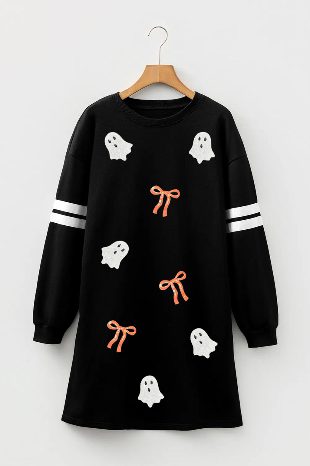 Black Sequin Ghost Graphic Varsity Striped Sleeve Halloween Sweatshirt Dress