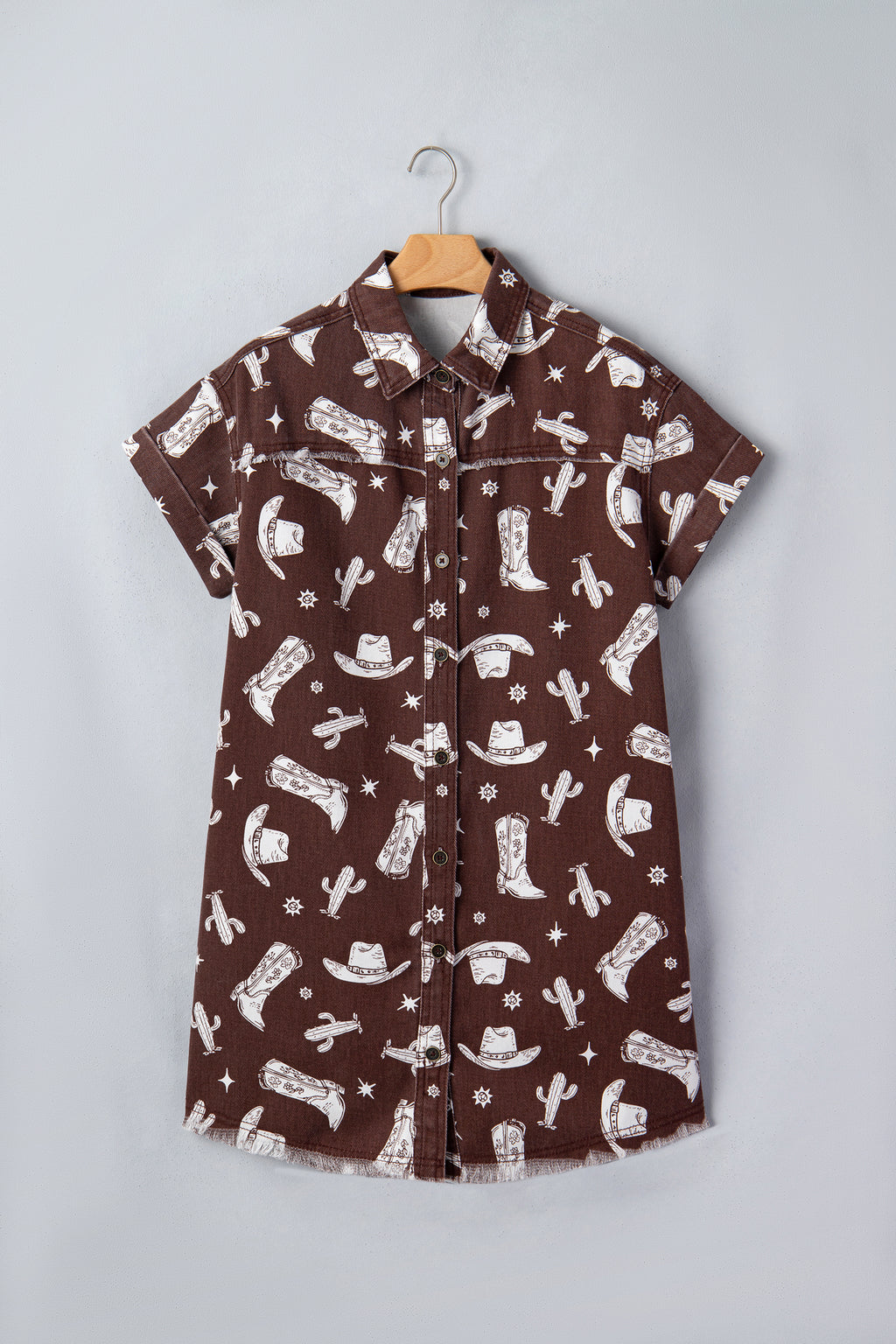 Brown Cowgirl Hats Boots Cactus Print Raw Edge Button Down Short Denim Dress