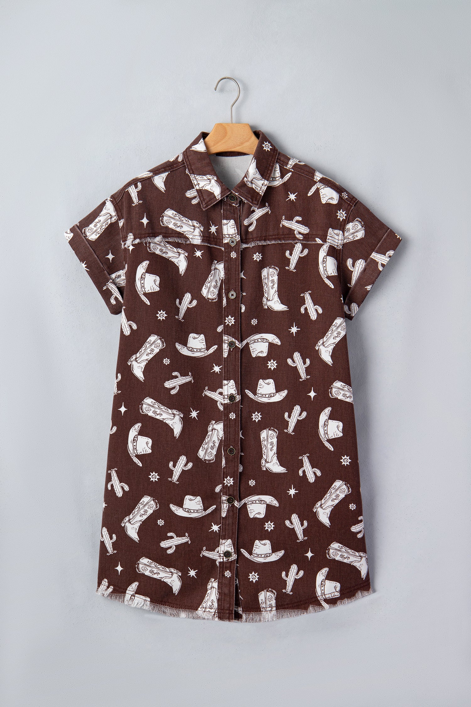 Brown Cowgirl Hats Boots Cactus Print Raw Edge Button Down Short Denim Dress