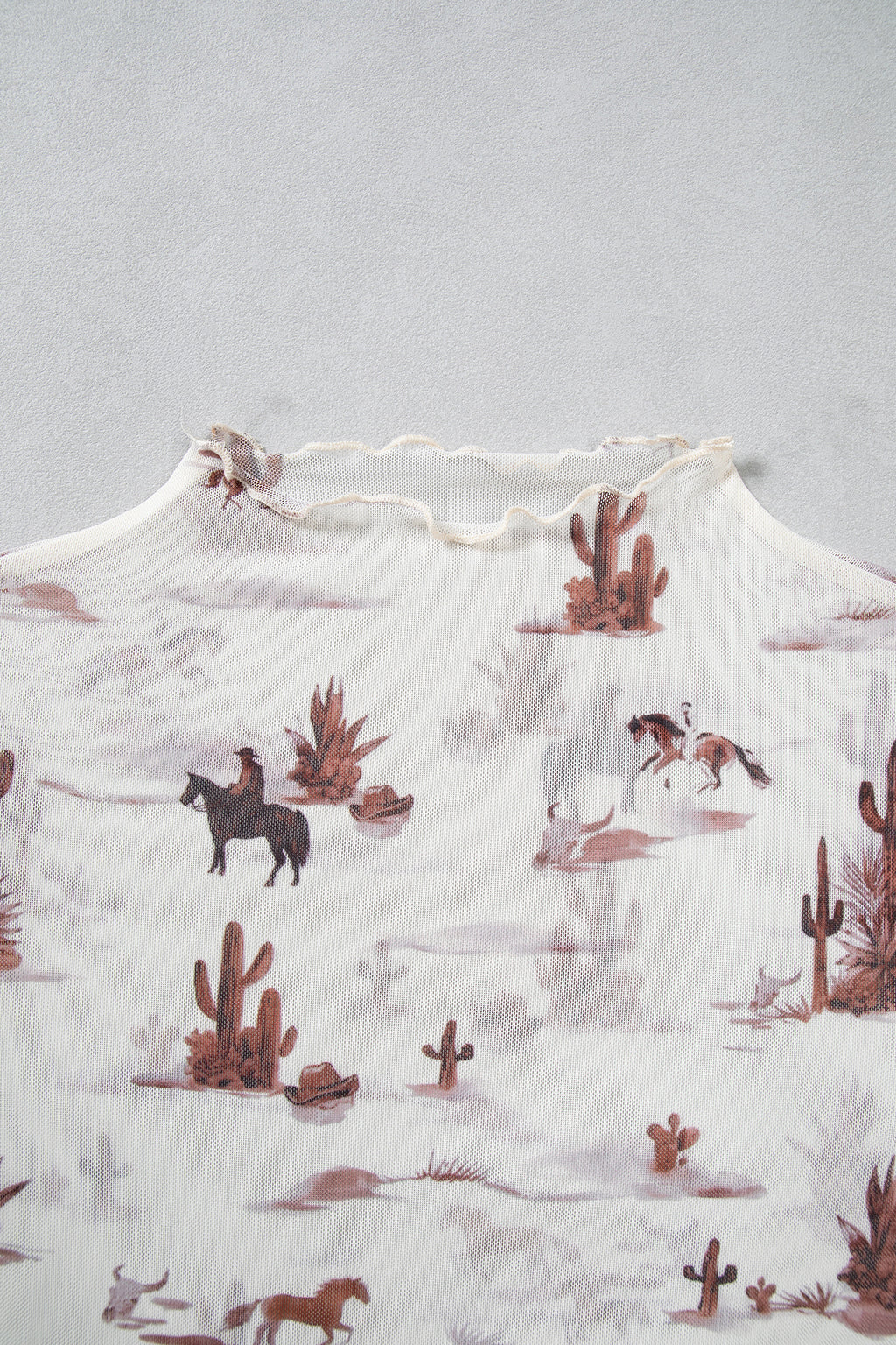 Beige Floral Print Slim Fit Mesh Long Sleeve Mock Neck Top