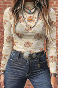 Beige Floral Print Slim Fit Mesh Long Sleeve Mock Neck Top
