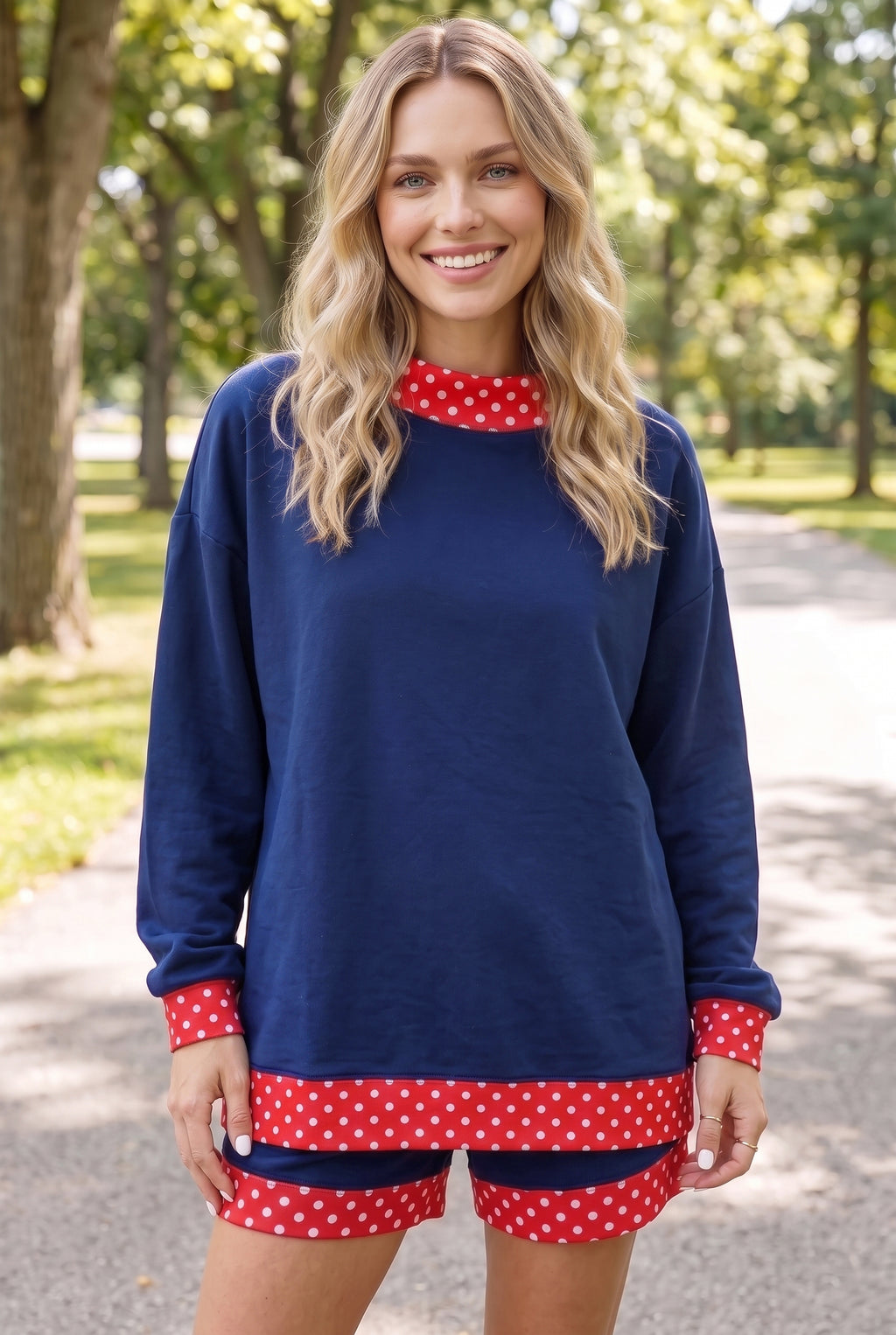 Fiery Red Gingham Trim Baggy Pullover 2pcs Short Set