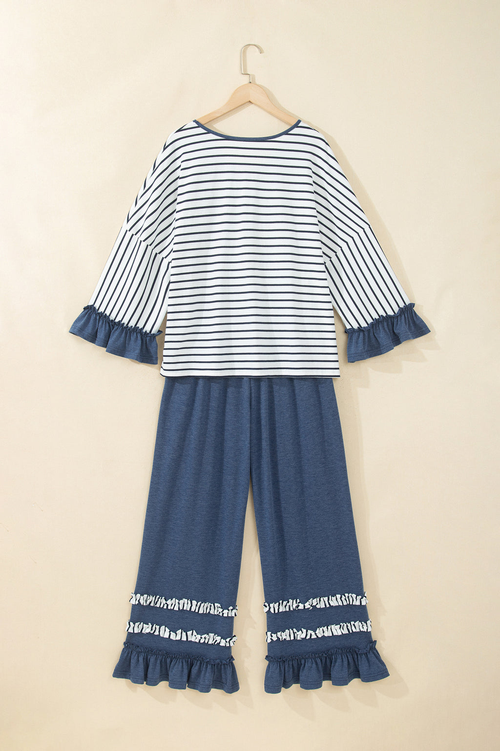 Gray Stripe V Neck Ruffle Contrast Sleeve Top Drawstring Pants 2pcs Set