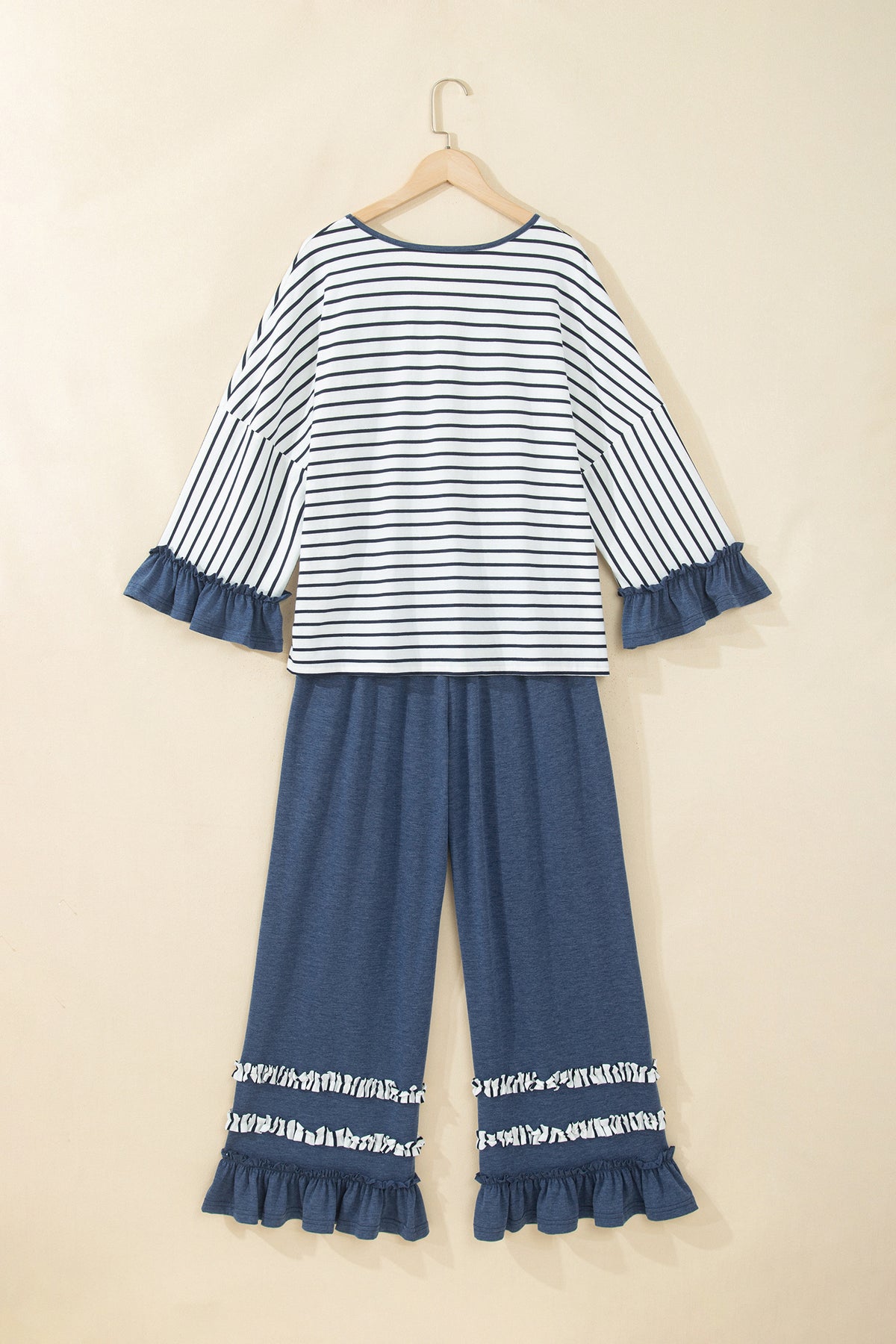 Gray Stripe V Neck Ruffle Contrast Sleeve Top Drawstring Pants 2pcs Set