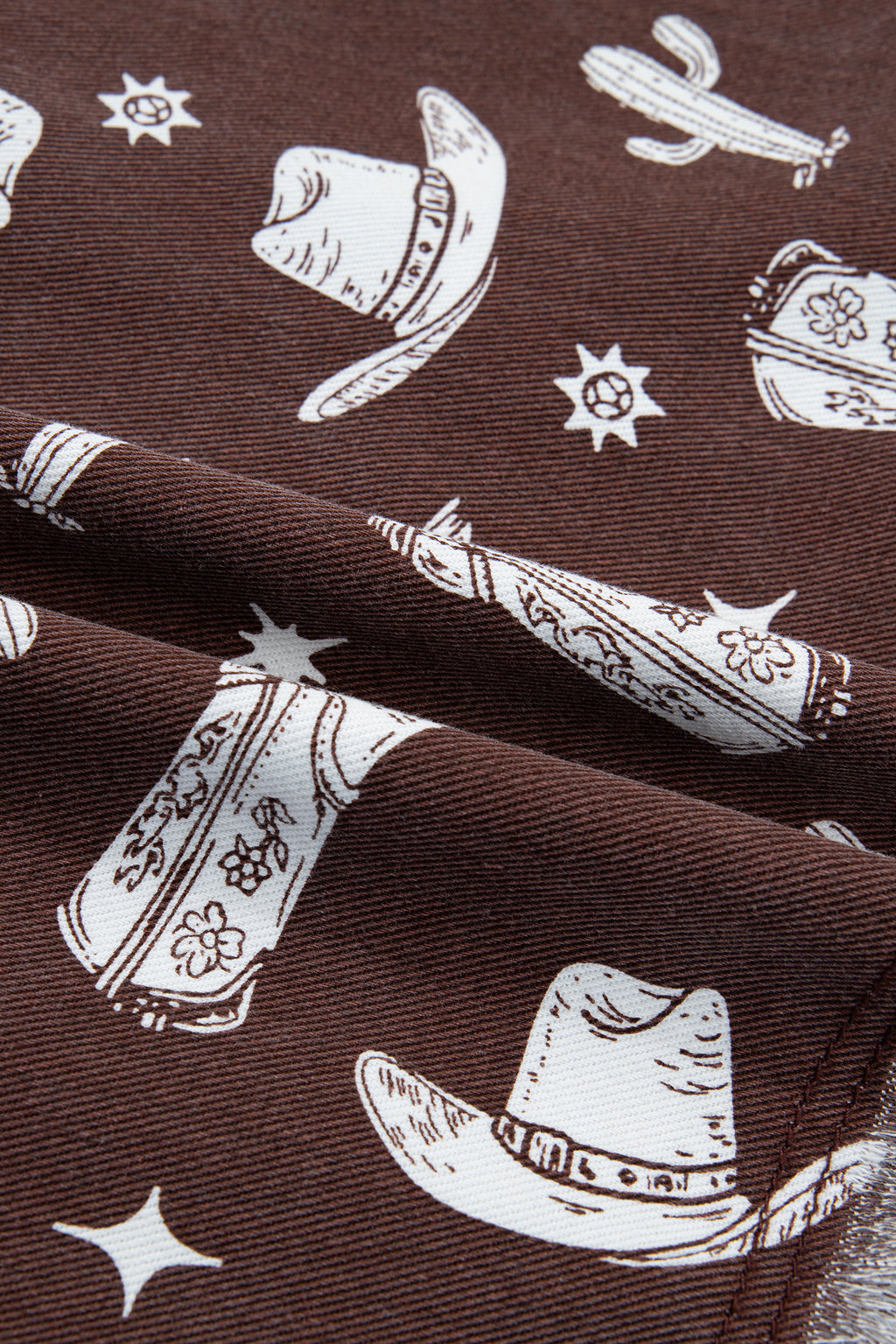 Brown Cowgirl Hats Boots Cactus Print Raw Edge Button Down Short Denim Dress
