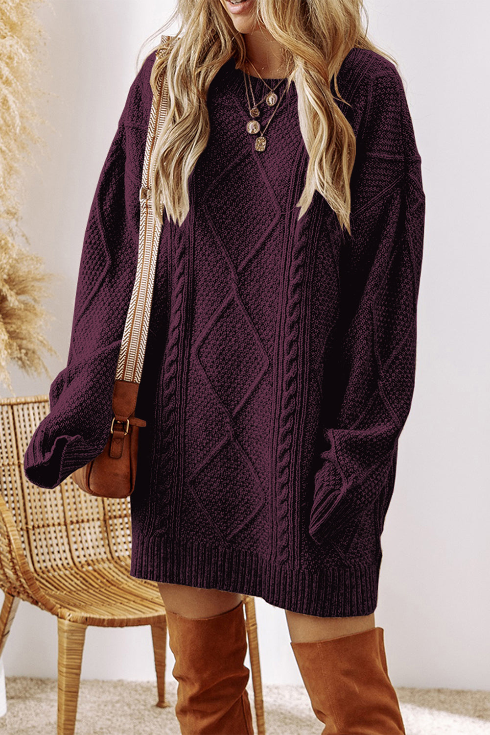 Black Cable Knit Drop Shoulder Loose Fit Sweater Dress