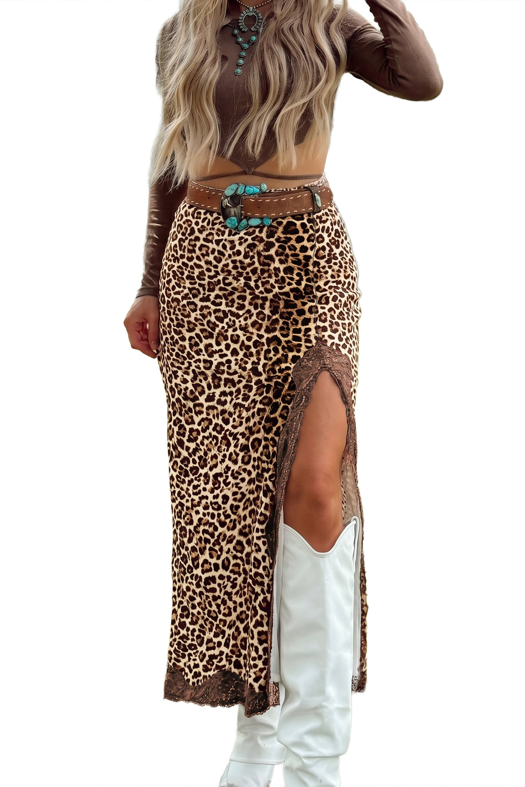 Brown Cheetah Print Trim Split Long Western Skirt