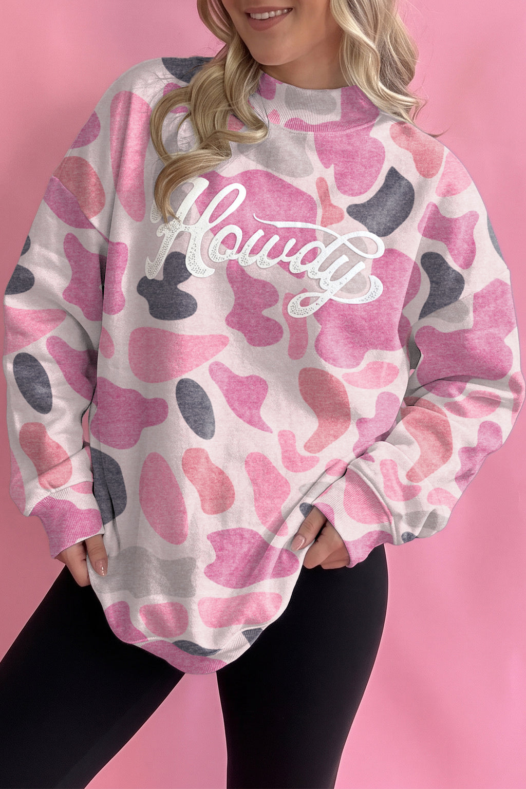 Multicolour Camo Print Howdy Western Style Baggy Pullover Sweatshirt