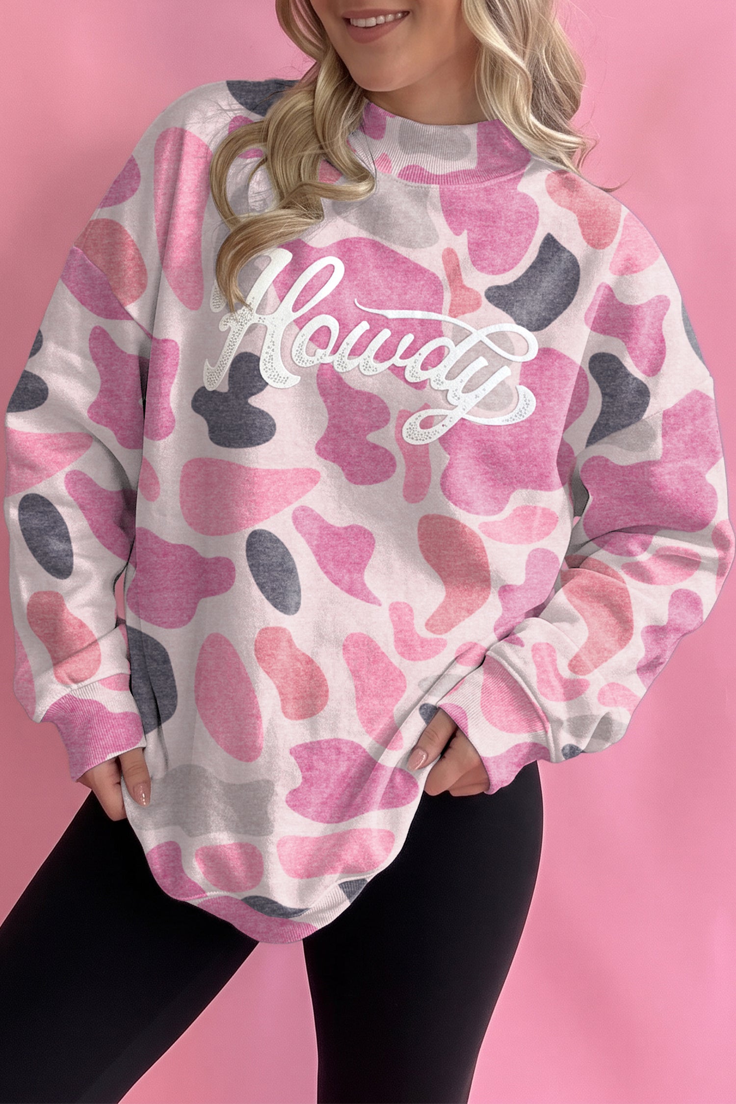 Multicolour Camo Print Howdy Western Style Baggy Pullover Sweatshirt