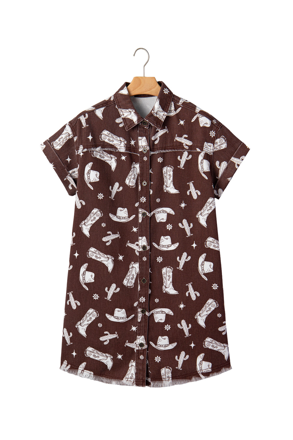 Brown Cowgirl Hats Boots Cactus Print Raw Edge Button Down Short Denim Dress