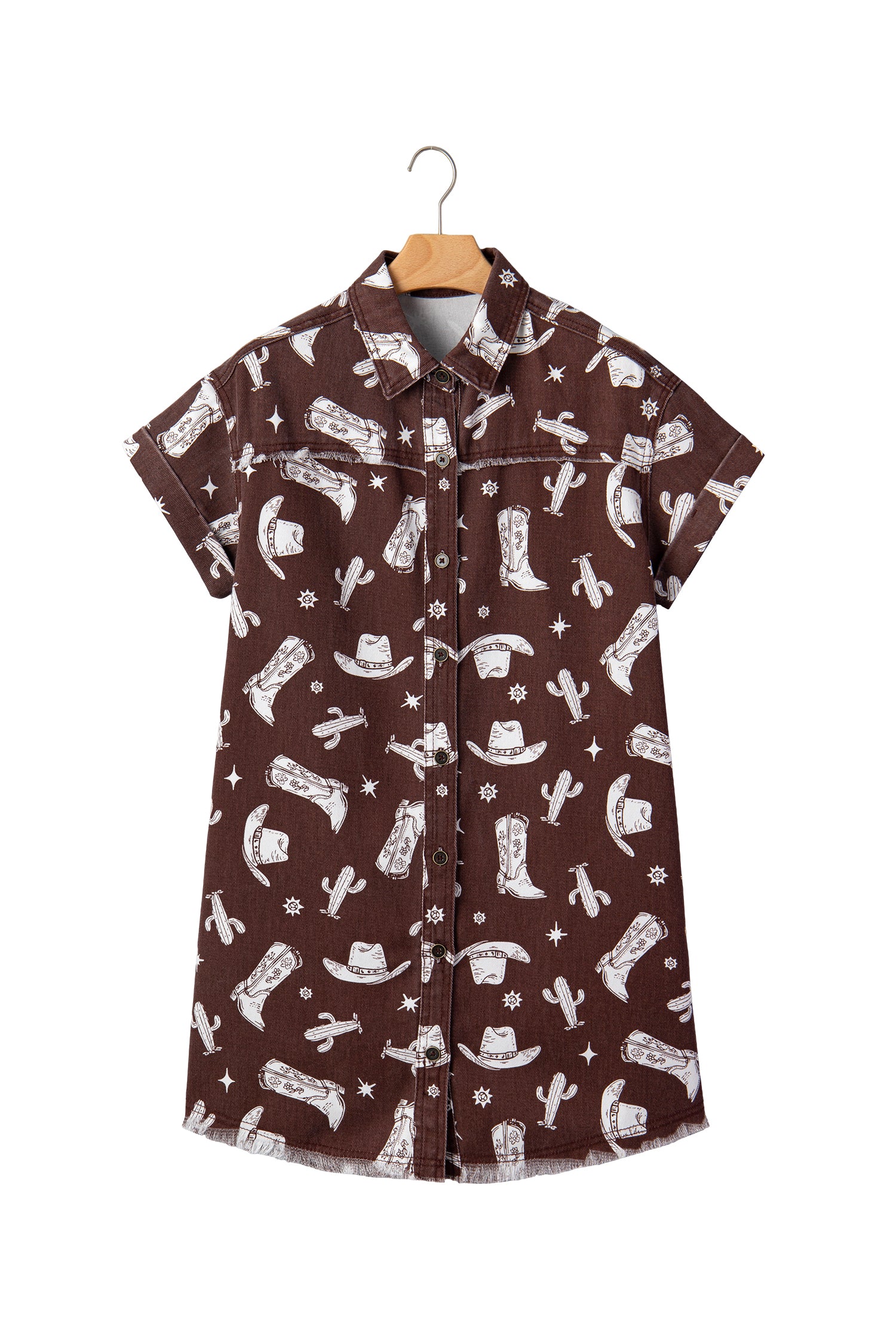 Brown Cowgirl Hats Boots Cactus Print Raw Edge Button Down Short Denim Dress