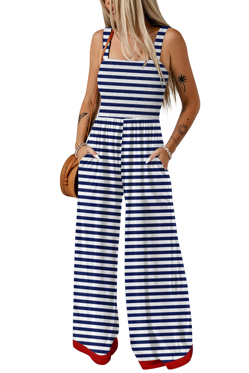 Brown Stripe Square Neck Shirred Wide Leg Jumpsuit