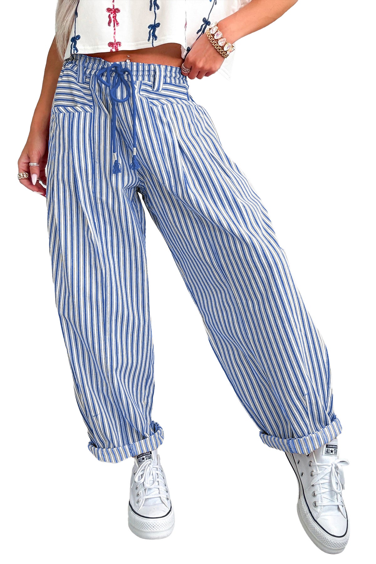 Red Stripe Drawstring Casual Loose Pants