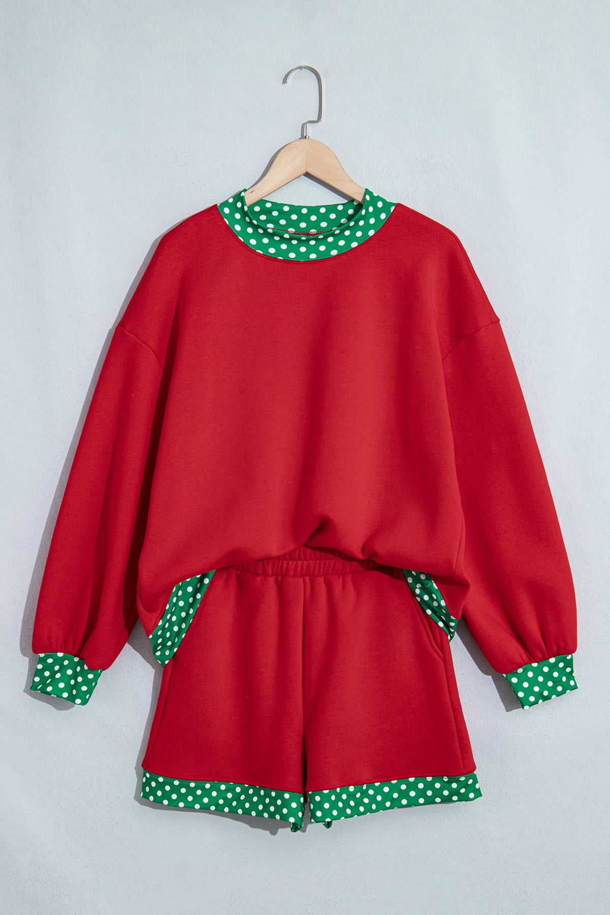 Fiery Red Gingham Trim Baggy Pullover 2pcs Short Set