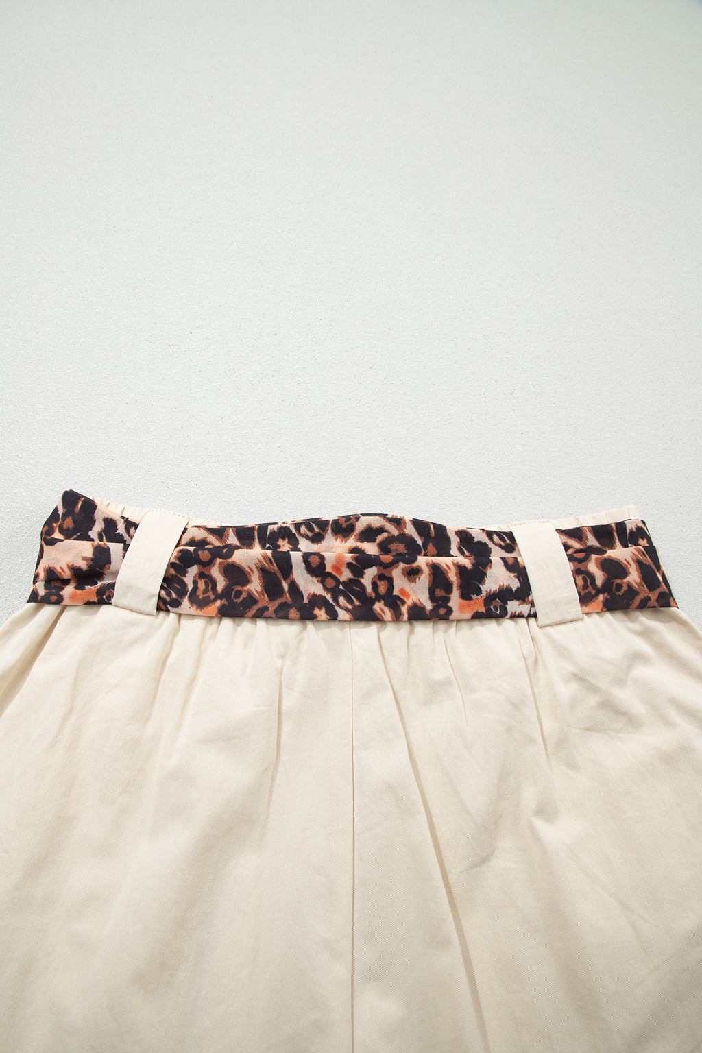 Oatmeal Leopard Contrast Sash Belt Pleated Wide Leg Shorts