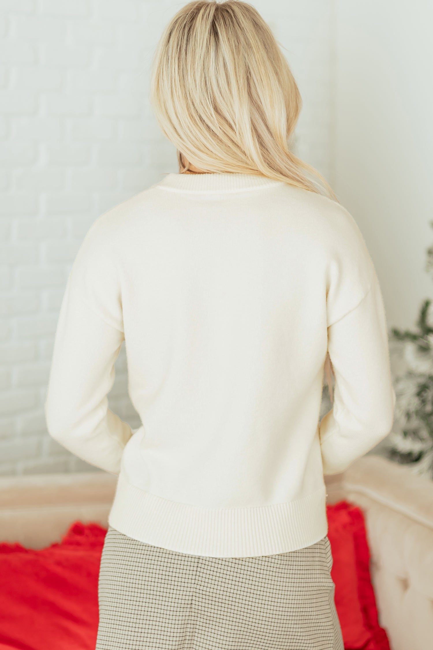 White Sequined Bow Graphic Christmas Holiday Sweater