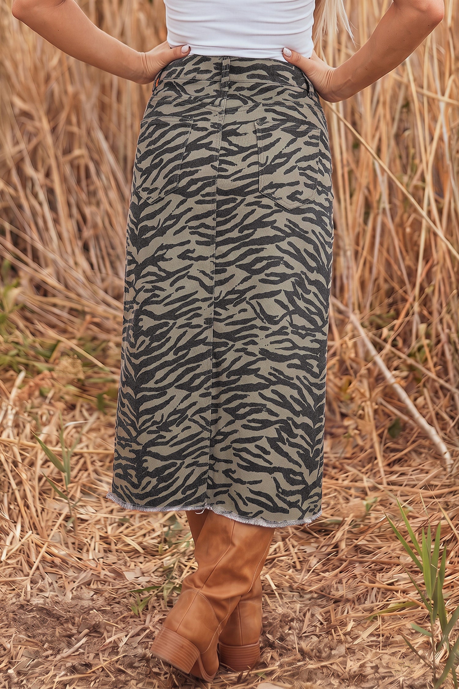 Brown Leopard Print Frayed Edge Denim Skirt Long Casual Daily Wear