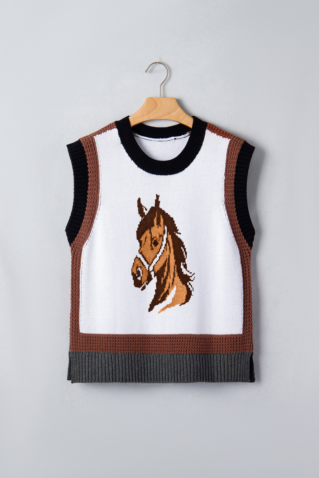 White Western Horse Head Colorblock Trim Sweater Vest