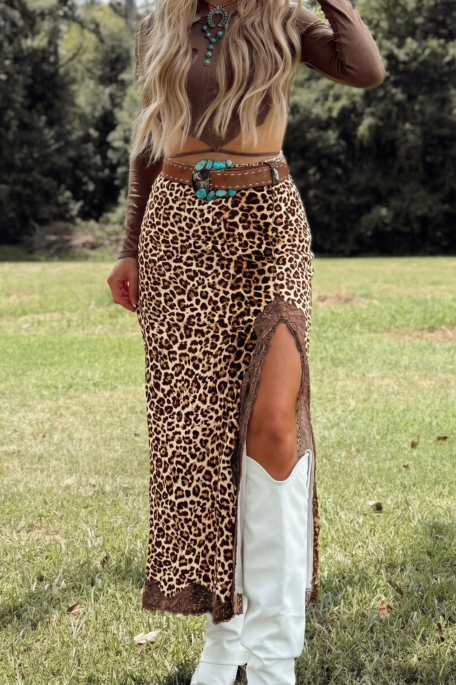 Brown Cheetah Print Trim Split Long Western Skirt