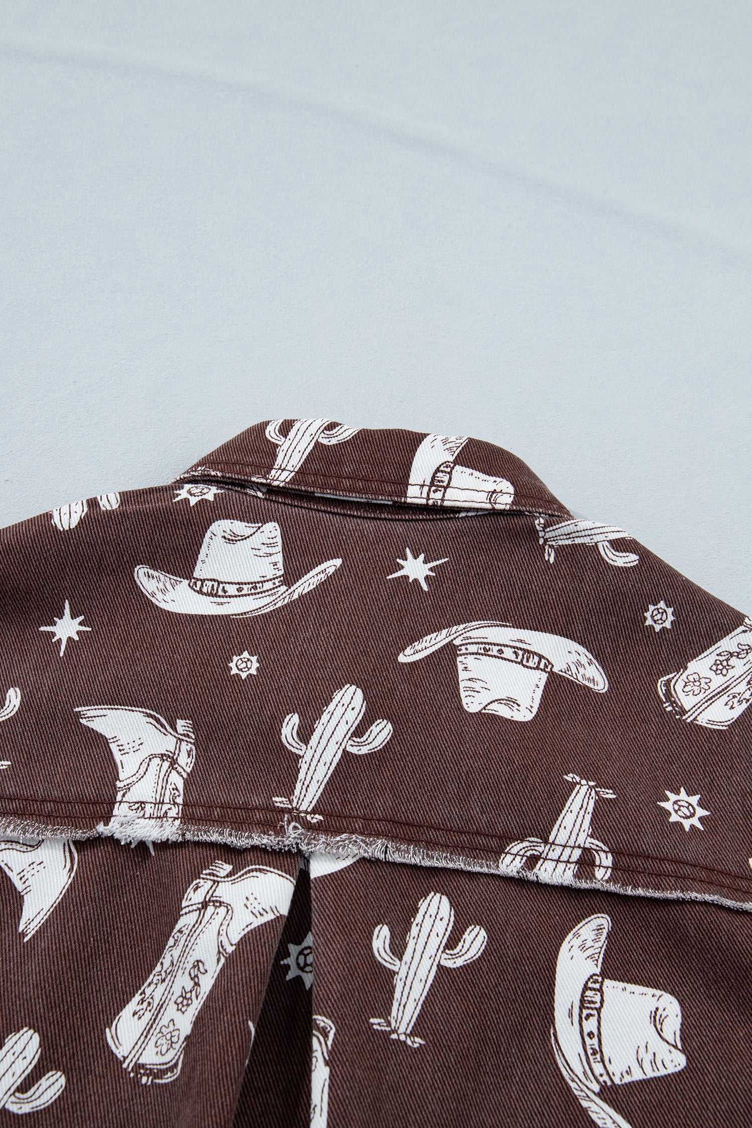 Brown Cowgirl Hats Boots Cactus Print Raw Edge Button Down Short Denim Dress