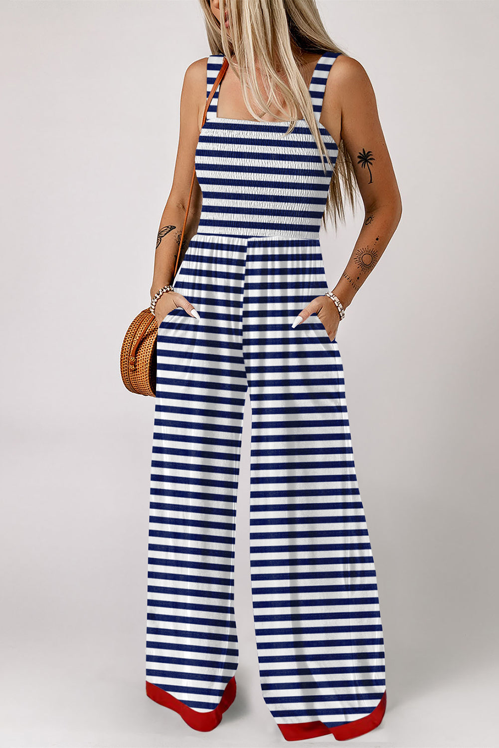 Brown Stripe Square Neck Shirred Wide Leg Jumpsuit