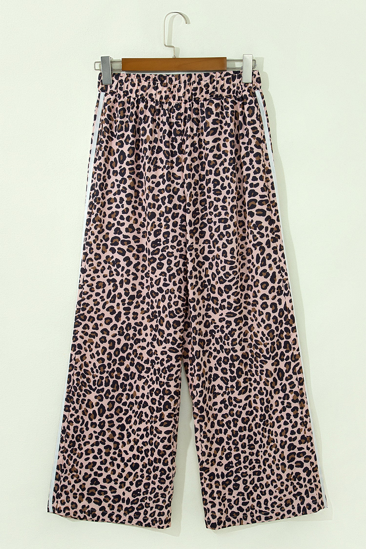 Beige Leopard Print Side Striped Detail Casual Wide Leg Pants