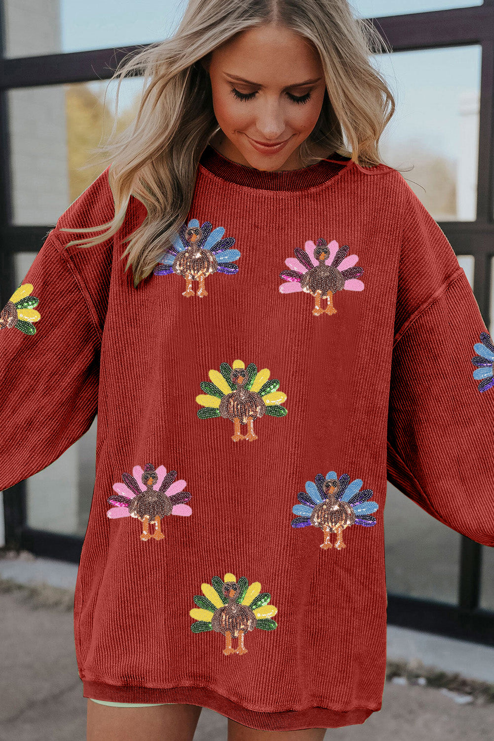 Apricot Turkey Graphic Corded Baggy Sweatshirt