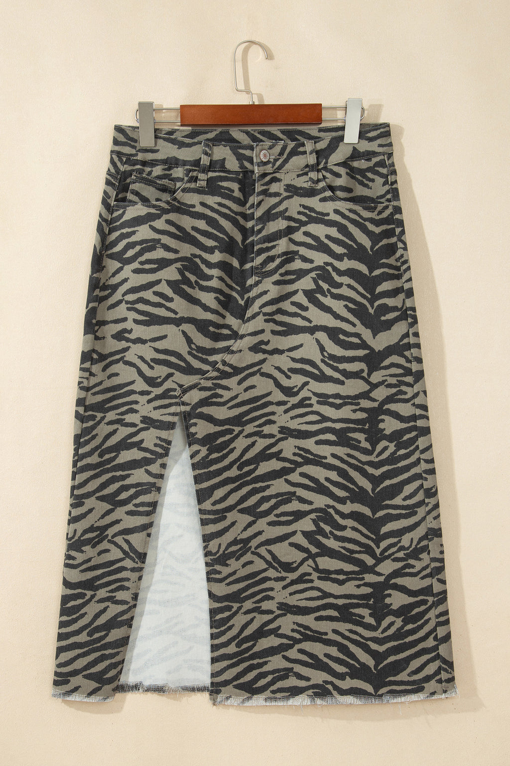 Brown Leopard Print Frayed Edge Denim Skirt Long Casual Daily Wear