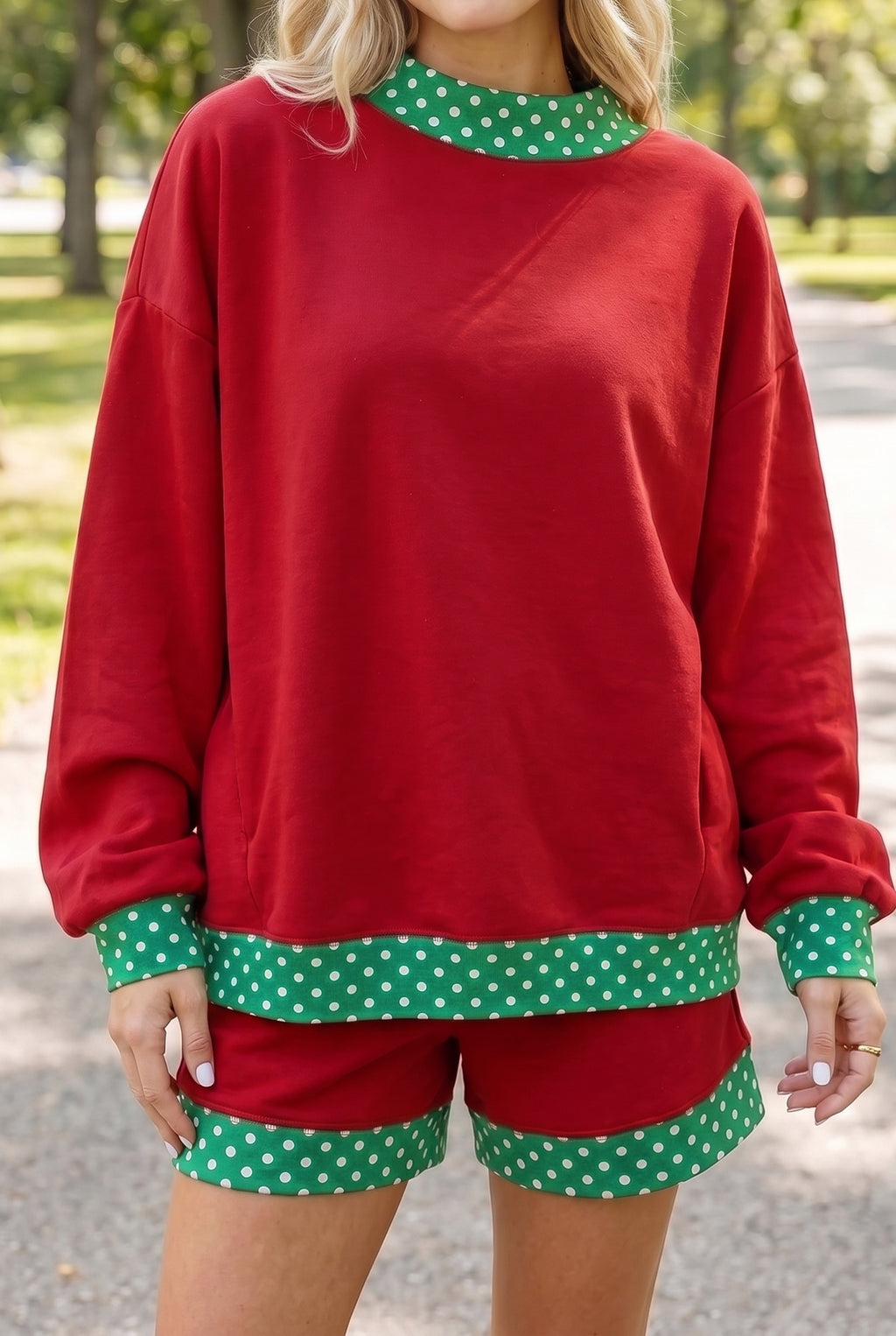Fiery Red Gingham Trim Baggy Pullover 2pcs Short Set