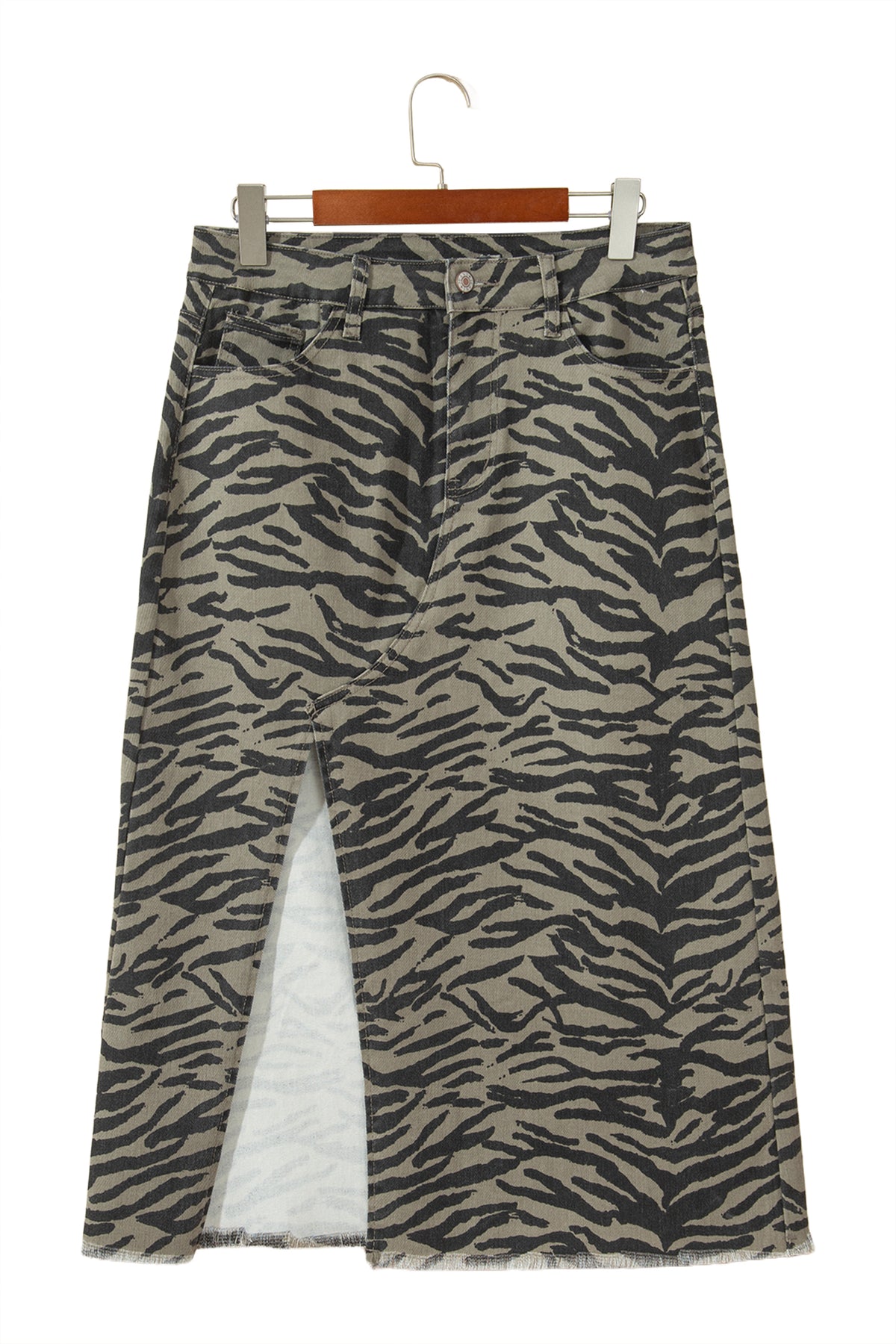 Brown Leopard Print Frayed Edge Denim Skirt Long Casual Daily Wear