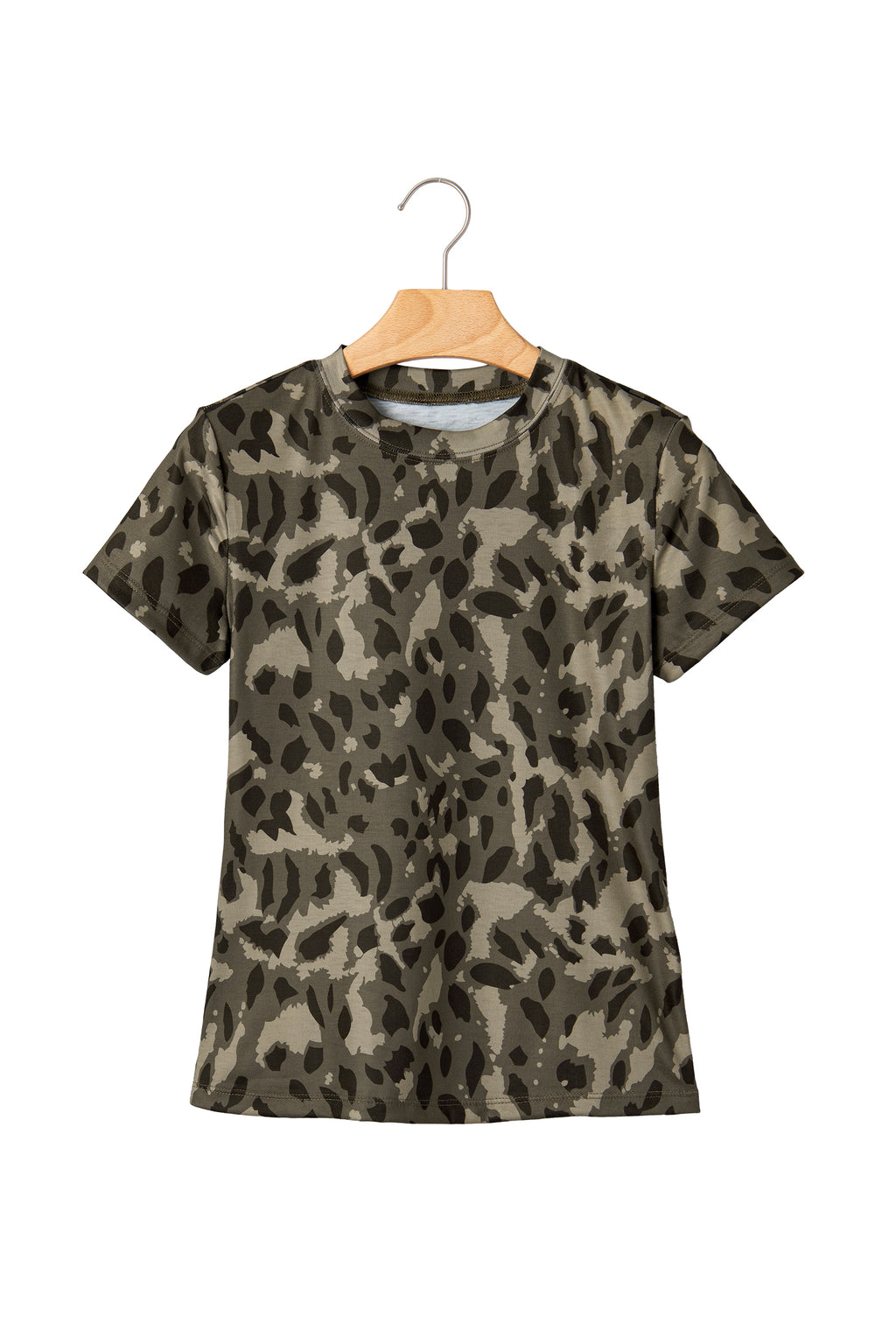 Brown Retro Leopard Print Mock Neck Slim Tee