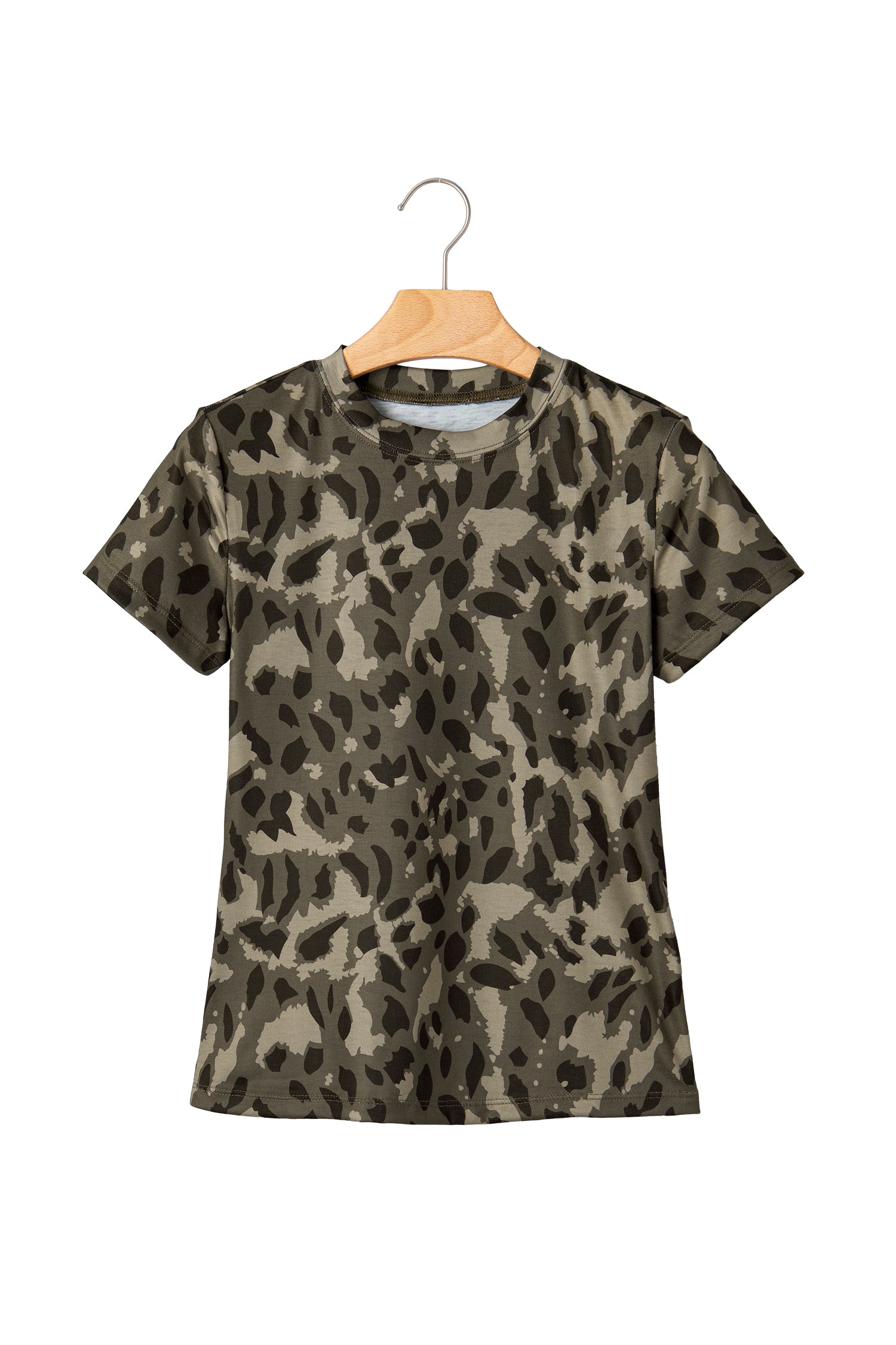 Brown Retro Leopard Print Mock Neck Slim Tee