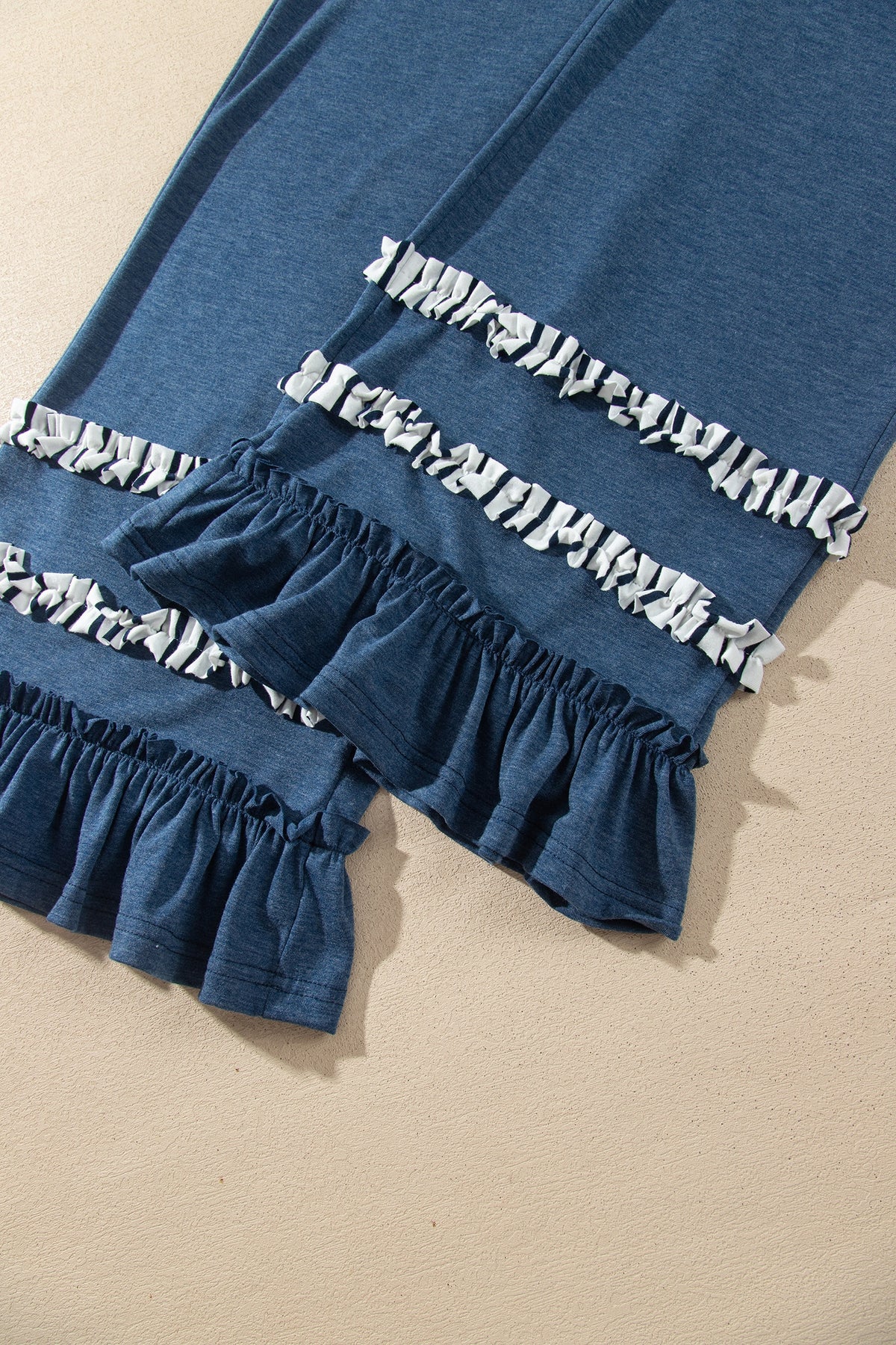 Gray Stripe V Neck Ruffle Contrast Sleeve Top Drawstring Pants 2pcs Set