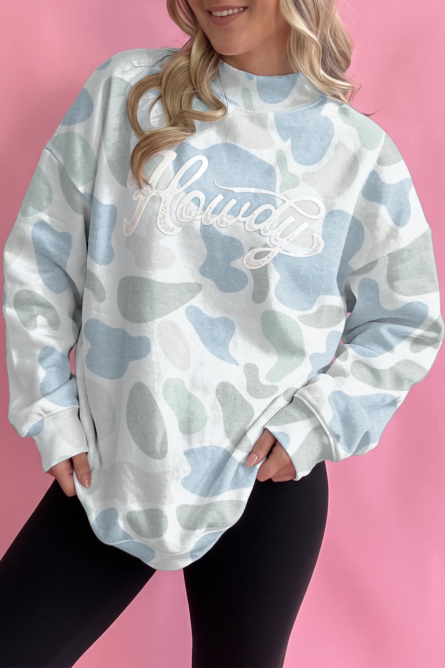 Multicolour Camo Print Howdy Western Style Baggy Pullover Sweatshirt
